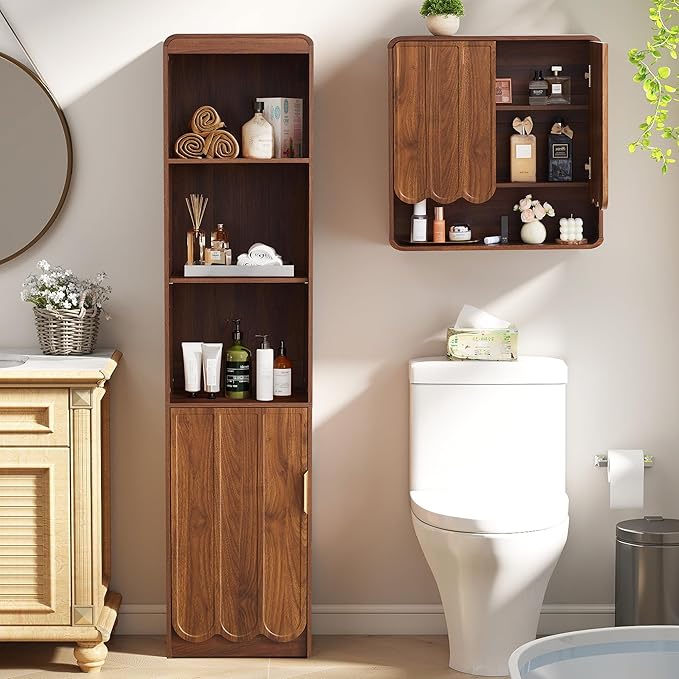 ORRD Narrow Tall Bathroom Storage Cabinet, Freestanding Storage Cabinet with Open Storage Compartments and Adjustable Shelf for Small Space, Bathroom, Living Room, Kitchen, (Walnut)