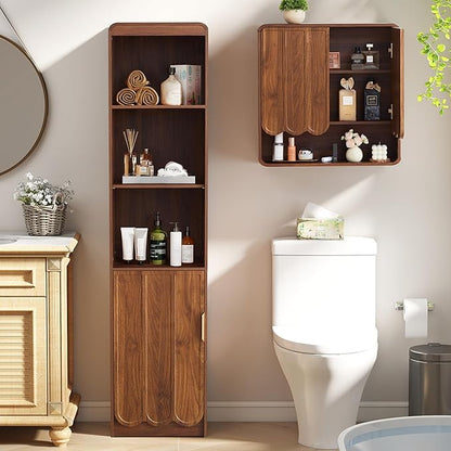 ORRD Narrow Tall Bathroom Storage Cabinet, Freestanding Storage Cabinet with Open Storage Compartments and Adjustable Shelf for Small Space, Bathroom, Living Room, Kitchen, (Walnut)