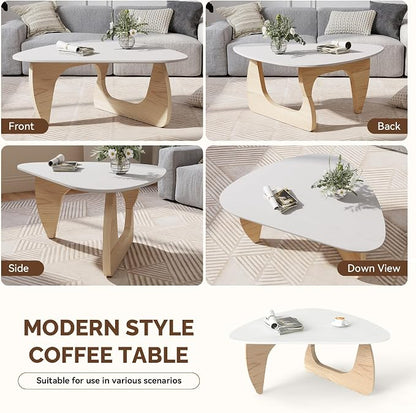 Modern Wood Coffee Table, Triangle Center Table with Premium Wooden Top& Unique Base, 35.5” Small Mid Century Tea Tables for Living Room, Apartment, Office,White&Light Natural Wood