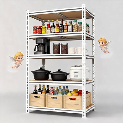 White 72"h *40.12"w*18"d Storage Shelves Shelving: Adjustable Metal+Wood 5-Heavy-Duty-Shelf (Unit)-Rack Industrial Utility Household Organizer/Systerm for Kitchen Pantry/Bedroom/Garage/Closet