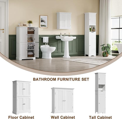 ChooChoo Bathroom Floor Cabinet, Modern Bathroom Storage Cabinet with 4 Doors and Adjustable Shelves, Freestanding Cupboard for Living Room, Kitchen Pantry, White