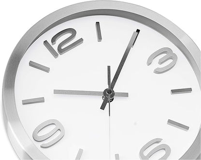 Bernhard Products Modern Wall Clock 10 Inch Silver Silent Non Ticking Battery Operated Round Elegant Metal Quality Quartz for Kitchen Home Office Clock with 3D Numbers, Easy to Read