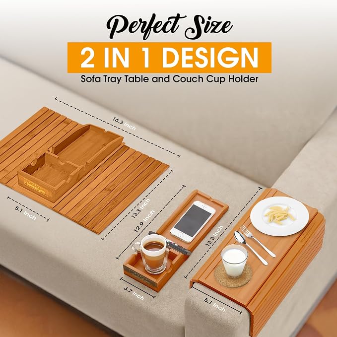 Couch Cup Holder Tray with 2 Cork Coasters, Couch Arm Tray, 2 in 1 Anti-Slip Foldable Sofa Arm Tray, Couch Armrest Table, Anti-Spill Couch Arm Table for Drinks TV Remote Cellphone Snacks (Mahogany)