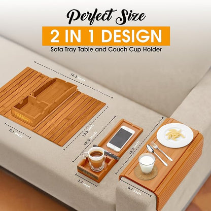 Couch Cup Holder Tray with 2 Cork Coasters, Couch Arm Tray, 2 in 1 Anti-Slip Foldable Sofa Arm Tray, Couch Armrest Table, Anti-Spill Couch Arm Table for Drinks TV Remote Cellphone Snacks (Mahogany)