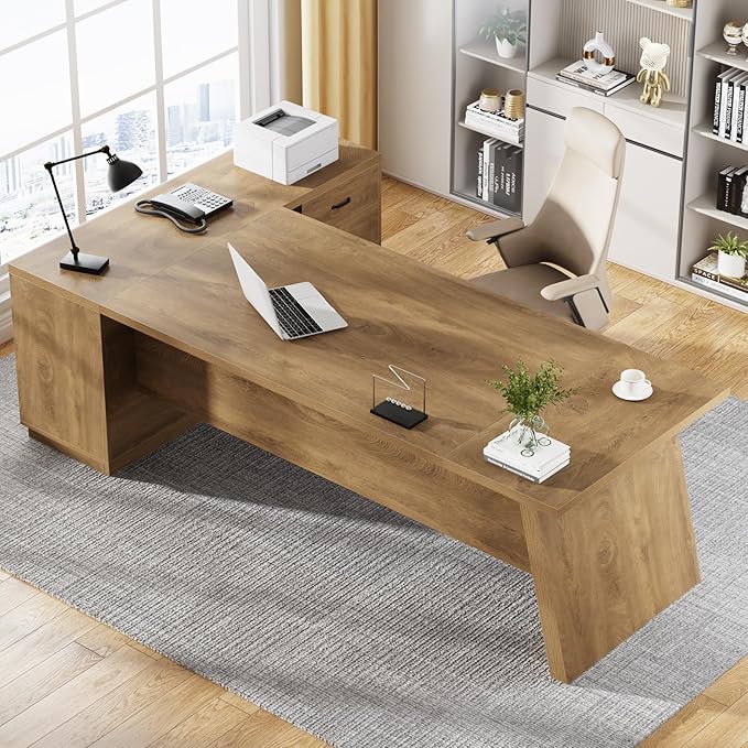 Tribesigns 78" L-Shaped Executive Desk, Large Modern Office Desk with Drawers and Lateral File Cabinet, Business Furniture with Storage Shelves, Big Computer Table for Home Office (Brown)