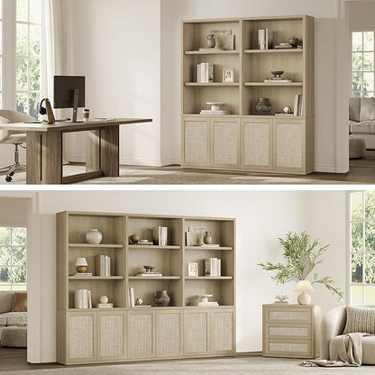 SICOTAS 70.5" Tall Bookshelf - 5-Tier Rattan Bookcase with Storage Cabinet Large Farmhouse Book Shelves with Doors, Boho Bookshelves for Living Room Home Office Library(Sand Oak, 3 Pieces)