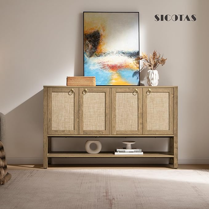 SICOTAS Rattan Sideboard Buffet Cabinet with Open Storage - Large Storage Cabinet with 4-Doors and Adjustable Shelves, Boho Credenza Coffee Bar Cabinets Buffet Table Console Table for Kitchen,Hallway