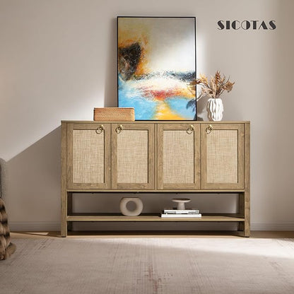 SICOTAS Rattan Sideboard Buffet Cabinet with Open Storage - Large Storage Cabinet with 4-Doors and Adjustable Shelves, Boho Credenza Coffee Bar Cabinets Buffet Table Console Table for Kitchen,Hallway