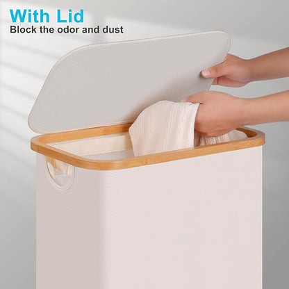 efluky Slim Laundry Basket with Wheels, Tall Rolling Laundry Hamper with Lid and Removable Bag, Aesthetic Dirty Clothes Hamper on Wheels for Laundry Room, Bedroom, Dorm and Bathroom,75L Beige