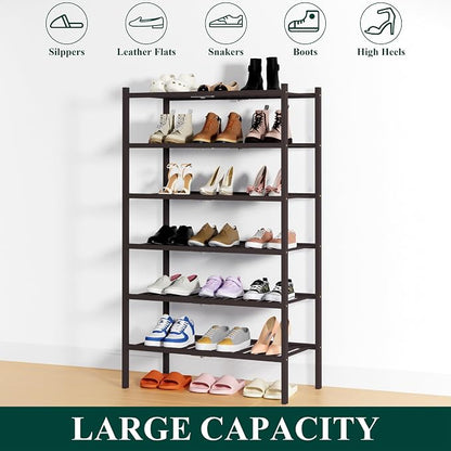 Smiry Bamboo Shoe Rack, 6 Tier Free Standing Wooden Shoe Organizer, Stackable Wood Shoe Storage Shelf for Closet, Entryway, 14 Vertical Slats, 2+2+2 Stack Heavy-Duty Legs, 26.8"x11"x39", Brown