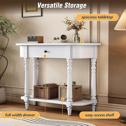 HMFULE Retro Curved Console Table, 36" Solid Wood Half Moon Console Table Sofa Table Entryway Table with 1 Drawer 1 Open Shelf Roman Legs Curved Corners for Living Room,Entryway,Hallway,White
