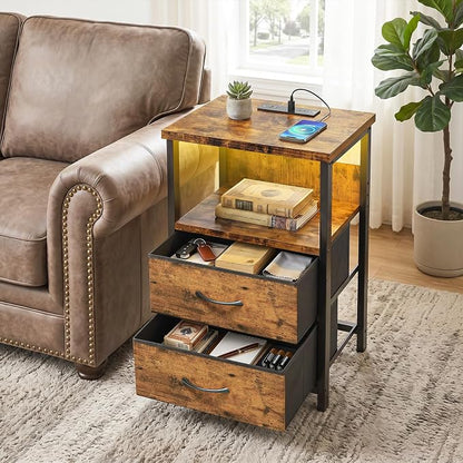 Fixwal Night Stand with Charging Station, LED Nightstand with U-S-B Ports and Outlets, 2 Fabric Storage Drawers with PU Finish, Bedside Table, Rustic Brown