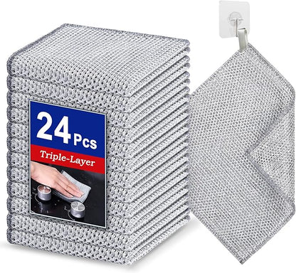 Wangjinpeng 24 Pcs New Upgrade 3-Layer Metal Dish Cloths, Non-Scratch Odor-Free Multipurpose Wire Dishwashing Rags for Wet Dry Use, Kitchen Cleaning Cloths for Dishes, Sinks & Stove Tops(7.87X7.87)