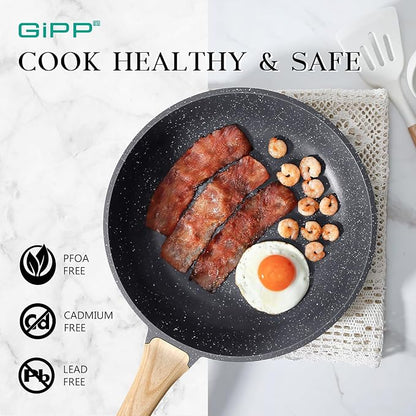 GiPP Non Stick Frying Pan Set - 9.5" 10.2" 11" Ceramic Nonstick Skillets, Non Toxic, Omelette Pan with Stay Cool Handle, Induction Compatible, PFAS/PTFE/PFOA Free, Gray