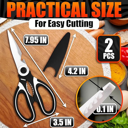 2 Pcs Heavy Duty Kitchen Scissors for Food – 5-in-1 Stainless Steel Kitchen Shears with Bottle Opener, Non-Slip Handles & Protective Cover – Utility Scissors for Cutting Meat, Poultry & Vegetables