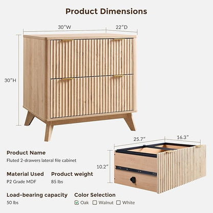 T4TREAM 2 Drawer File Cabinet, 30" Fluted Lateral File Cabinet w/Files Hanging Rod for Letter/Legal/A4, Large Tabletop for Printer, Office Wood Printer Cabinets, Natrual Oak