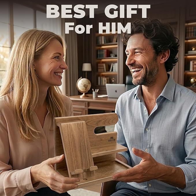 TESLYAR Wood Phone Docking Station for Men - Desktop or Nightstand Organizer - Birthday Gifts for Men, Dad - Anniversary Idea from Wife - Key Holder, Stand Wallet, Watch & Essentials (Earth Beige)