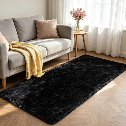 Shag Runner Rug for Bedroom Living Room 3x7 Upgrade Non-Slip Fluffy Soft Bedside Rugs,Black Shaggy Carpet for Livingroom Dorm Home Decor Aesthetic