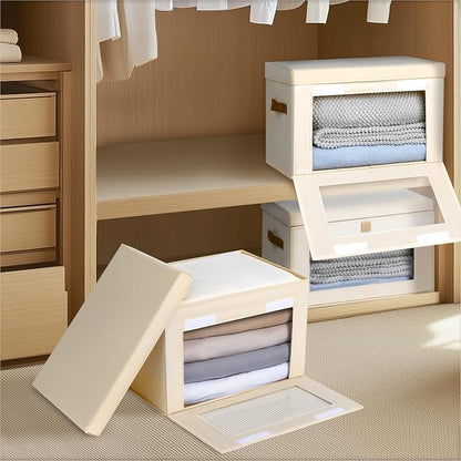 Homsorout Medium Fabric Storage bins - Collapsible Storage Bins with Open Window, 4 Pack Closet Baskets for Shelves, Stackable Decorative Boxes for Home, Dorm, Beige, 13.7"x 9.8" x 9.8"