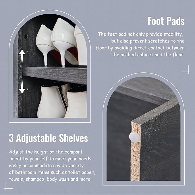 67" Tall Arched Bathroom Storage Cabinet, 8-Tier Modern Farmhouse Storage Cabinet with Adjustable Shelves, Wood Freestanding Cabinet for Bathroom, Living Room, Entryway, Hallway (Dark Grey)