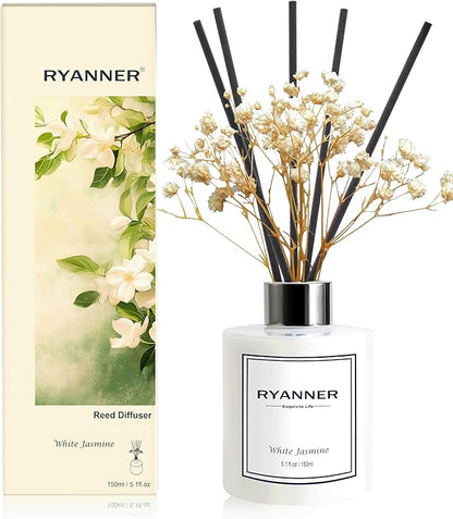 Ryanner Flower Reed Diffuser Set,5.1 fl oz White Jasmine Scent Diffuser with Sticks Home Fragrance Reed Diffuser with Essential Oil for Bathroom Shelf Decor&Air Freshener,Home Bathroom Office Decor