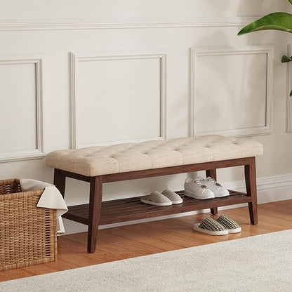 LEILISI Entryway Shoe Bench with Storage, End of Bed Bench, Linen Upholstered Button-Tufted Seat Bench with Solid Wood Frame for Living Room, Bedroom (Beige, 39.4'')