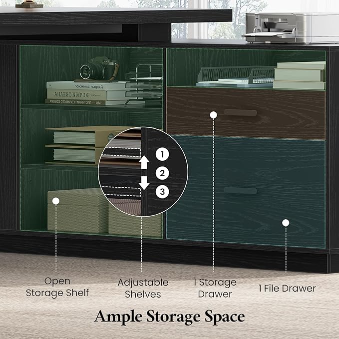 70.3 inch L Shaped Executive Desk with Power Outlets, Large Home Office Desk with Storage Drawers and File Cabinet, Modern Computer Desk with Shelves, Black Business Furniture, Square Metal Legs