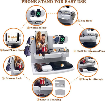 VEIYAILU Gifts for Women Girlfriend Him Men Dad Husband Boyfriend Nightstand Organizer Wood Phone Docking Station(White)