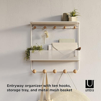 Umbra Estique Entryway Organizer Storage Solution with Cubby Bin, Shelf and Hooks for Keys, Mail, Glasses, Wallet, Purse, Hat, and More, White