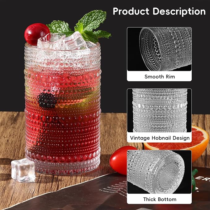 Moretoes 4 Pack Hobnail Drinking Glasses Set, 12 Oz Highball Glasses & 10 Oz Cocktail Glasses, Clear Embossed Water Glass Cups Kitchen Bar Tumbler Glassware Set for Whiskey, Beer, Juice, Milk