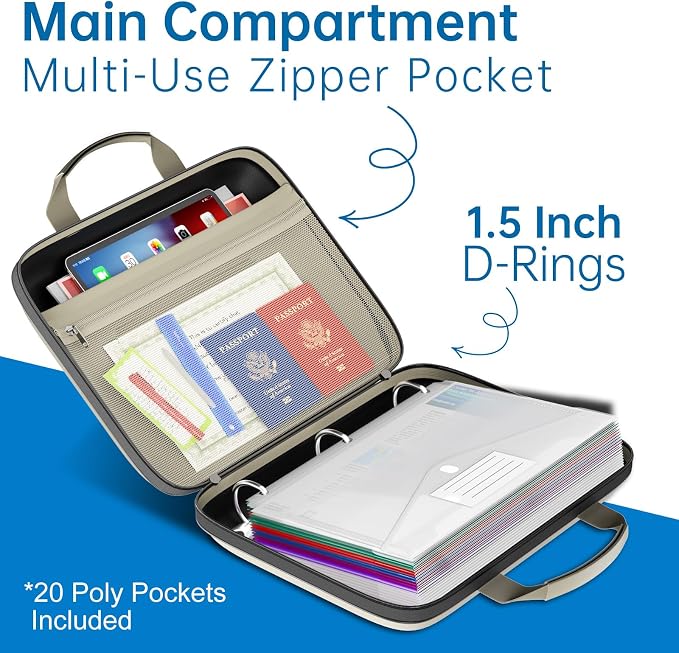 Binder Folders Organizer with 20 Pack Heavyweight Plastic Pockets,Fireproof File Folder Box with Lock,Zipper Binder Bag for Important Documents,Letter Size,Beige