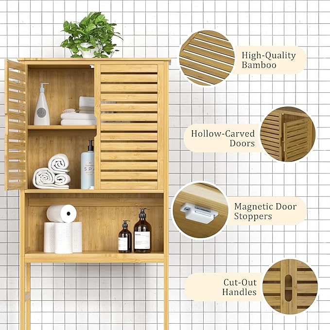 VEIKOU Over The Toilet Storage Cabinet, Bamboo Over Toilet Storage with Removable Shelf, Bathroom Freestanding Over The Toilet Storage with Open Storage, Natural