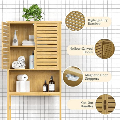 VEIKOU Over The Toilet Storage Cabinet, Bamboo Over Toilet Storage with Removable Shelf, Bathroom Freestanding Over The Toilet Storage with Open Storage, Natural