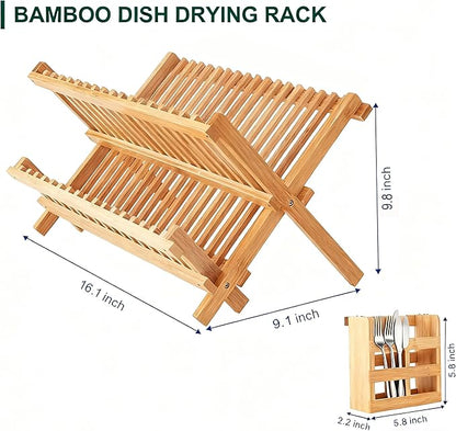 QUEENKAY Dish Drying Rack Collapsible 2-Tier Bamboo Dish Rack for Kitchen Counter Wooden Dish Drainer with Foldable Space-Saving Design for Dishes, Plates, and Cups
