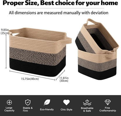 OIAHOMY Woven Storage Basket, Cotton Rope Baskets for Toys,Towel, Clothes, Used to Bathroom,Living Room,Nursery,Bedroom, 16"x12"x10"- Pack of 3, Black & Brown