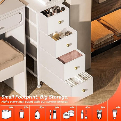 Narrow Dresser Storage Tower with 4 Drawers, Vertical Slim Dresser Chest of Drawers Skinny Storage Tower for Small Spaces Gaps Closet Bedroom Bathroom Small Fabric Drawer Unit (White)
