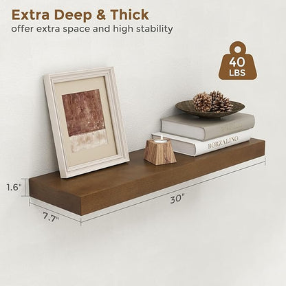 Marsmiles 30 Inch Floating Shelves | Rustic Dark Wood Wall Shelves Set of 2 | 30" W x 7.7" D x 1.6" H Wooden Shelves for Bathroom Kitchen Living Room