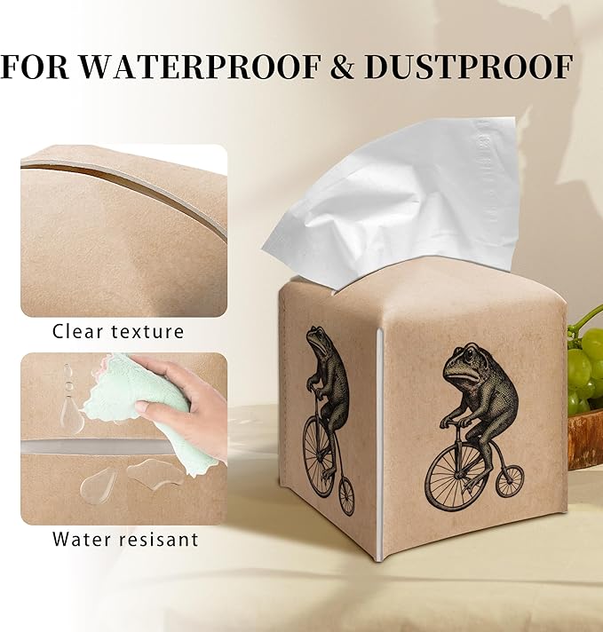 Grace Yonks Retro Tissue Box Cover Square - Frog on Penny-Farthing Design 5.2" PU Leather Holder for Vanity, Desk, or Bathroom Counter - Cube Case for Facial Tissues. (116)