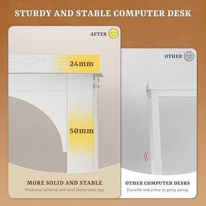 63 Inch Computer Desk with Monitor Stand & 0.95 inch Thicker Desktop,Gaming Desk with Power Outlets & LED Light,White Writing Desk for Home Office, Study, Bedroom, White