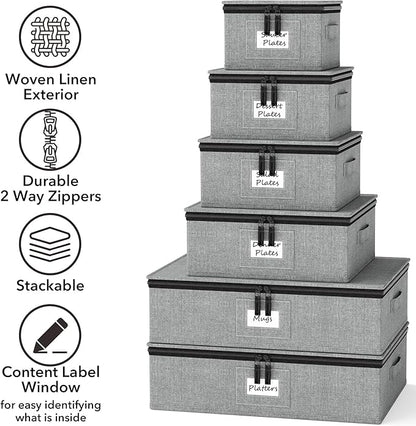 SpaceAid China Storage Containers 6 Pack, Stackable Hard Shell Quilted Cases with Soft Plate Separators, Moving Supplies Packing Boxes for Dishes, Plates, Platters, Mugs, Cups (Grey)