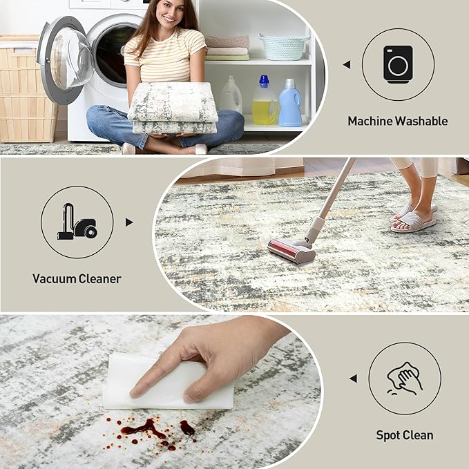 9x12 Area Rugs Washable Rug: Modern Abstract Living Room Rug Soft Anti-Skid Thin Carpet Indoor Floor Non-Shedding Carpets for Bedroom Dining Room Farmhouse Nursery Home Office Grey Brown