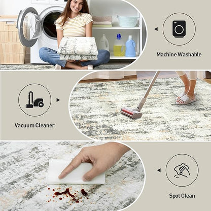 9x12 Area Rugs Washable Rug: Modern Abstract Living Room Rug Soft Anti-Skid Thin Carpet Indoor Floor Non-Shedding Carpets for Bedroom Dining Room Farmhouse Nursery Home Office Grey Brown