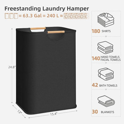 STORAGE MANIAC 3-Pack Large Laundry Hamper, 80L (21.1 Gal) Collapsible Laundry Basket with Bamboo Handles, Freestanding Waterproof Clothes Hamper for Laundry Room, Bedroom, Dorm, Towels, Black