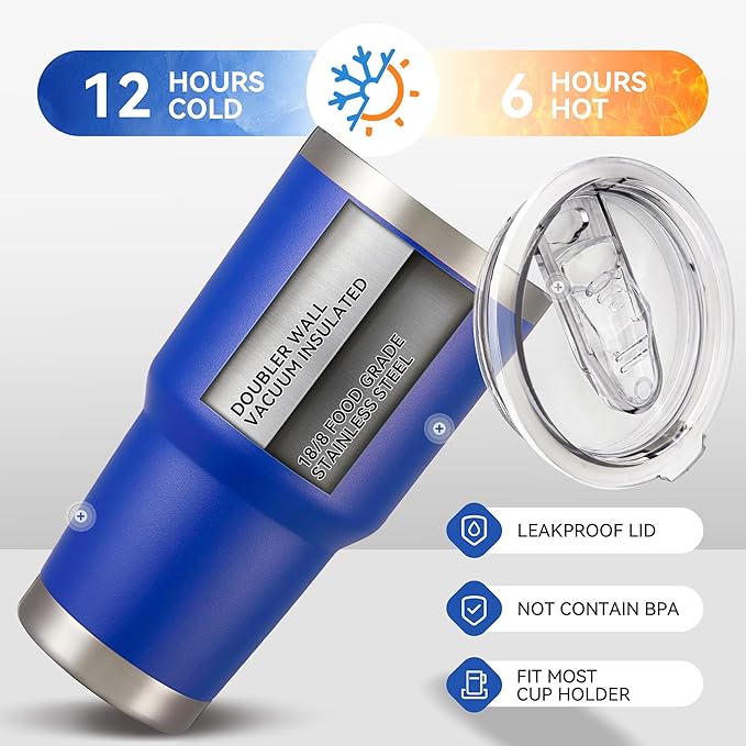 30 oz Tumbler with Lid Stainless Steel Tumblers Bulk Vacuum Insulated Cup Reusable Powder Coated Travel Mug Double Wall Leak Proof Cups Keep Cold Drinks for 12 Hours Blue, Set of 4