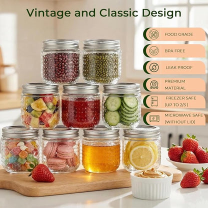 CycleMore 8oz Mason Jars, 30 Pack Dual Dot Jar With Silver Separable Lids & Colorful Plastic Lids, Tiny Glass Jars for Honey, Jam, Jelly, Wedding Favors, Kitchen Food Storage,