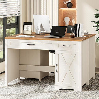 Vabches Farmhouse 47" Executive Desk,Computer Desk with Drawers and Storage Cabinet, Home Office Desk for Work and Study.