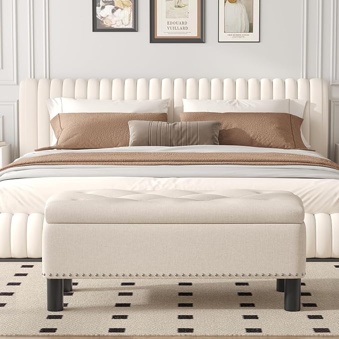 Furniliving Large Storage Ottoman, Beige, Wood Frame, Linen Fabric, 285 Lbs Capacity