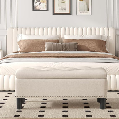 Furniliving Large Storage Ottoman, Beige, Wood Frame, Linen Fabric, 285 Lbs Capacity