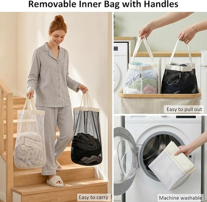 efluky Laundry Hamper with Lid, Double Laundry Basket with 2 Removable Bags, 2 Section Laundry Bin with Bamboo Handles for Bathroom, Bedroom & Laundry Room, 170L (44.9 Gallon) Beige