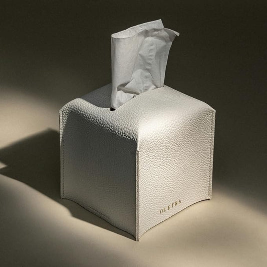 OLETHA Square Tissue Box Cover - Aesthetic Desk Decor for Room, Home & Office - Tissues Cube Boxes Holder - White, Set of 2